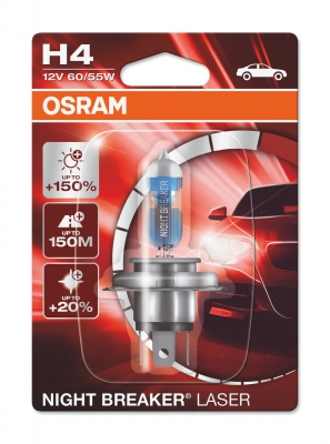1 брой Халогенна крушка за фар Osram H4 Night Breaker Laser Next Gen +150%,60/55W, 12V, P43T, Блистер