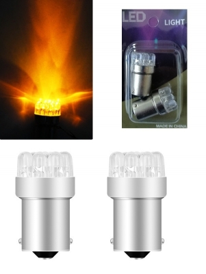 Комплект от 2 броя LED Лед Крушки за Mигач Стоп Габарит Халоген 9 LED 1156 BA15S 12V Жълта Оранжева Светлина в Блистер