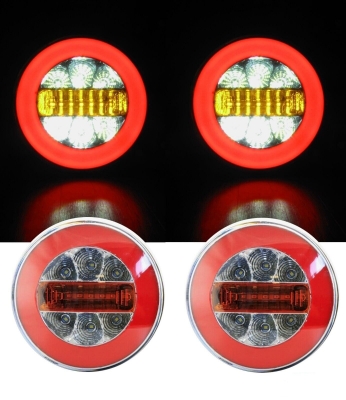 Комплект от 2 броя кръгли LED ЛЕД светодиодни стопове задна светлина с Neon неон ефект тип "хамбургер" 12V Ø14 см